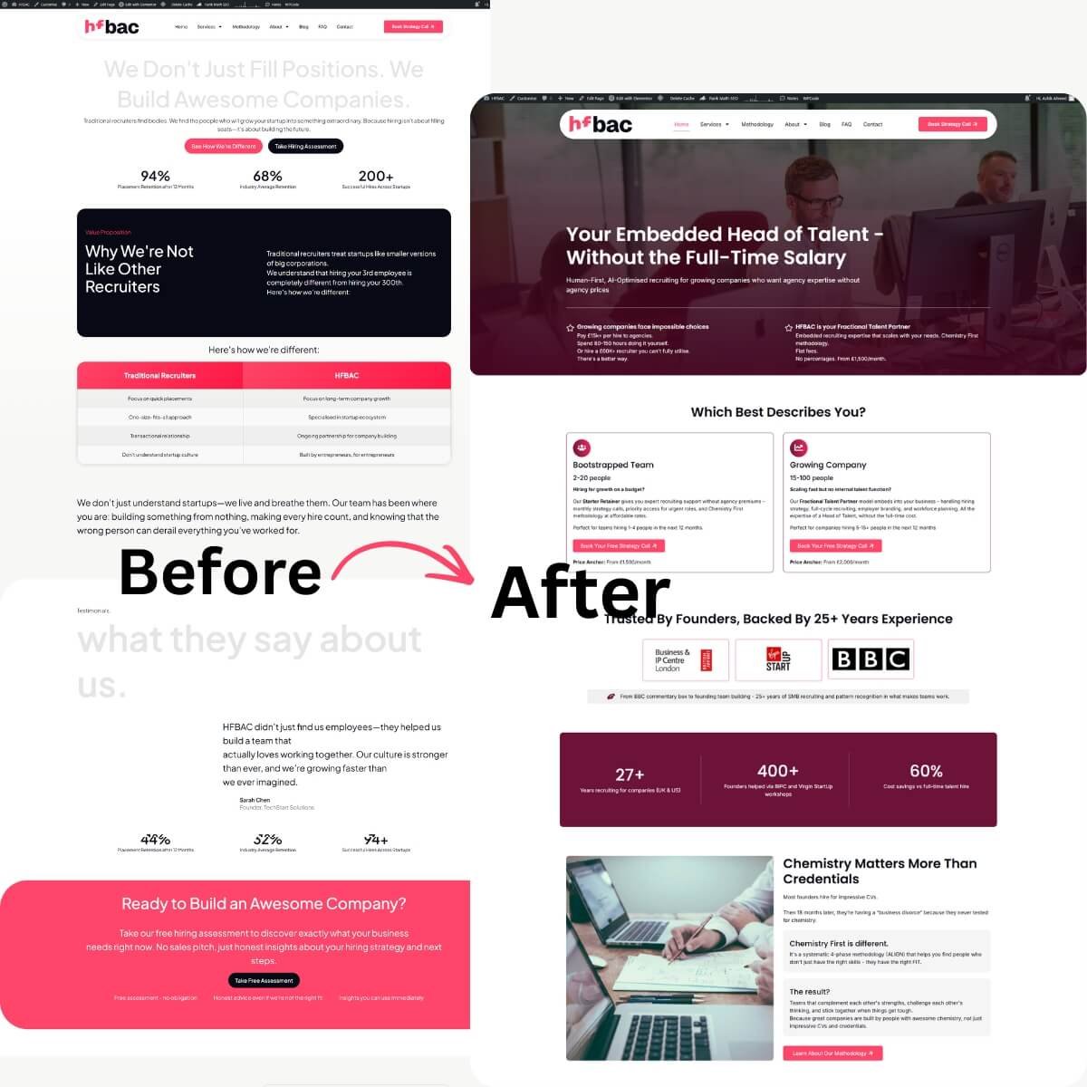 Before and after website redesign comparison, old template vs custom design