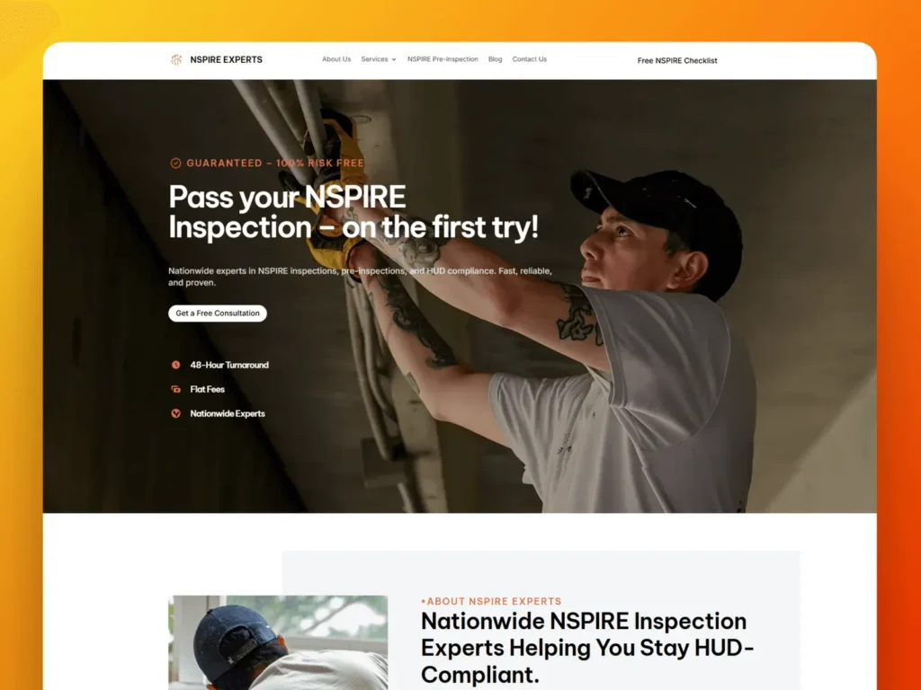Before and after screenshot of NSPIRE Experts property inspection website redesign showing simplified quote request flow